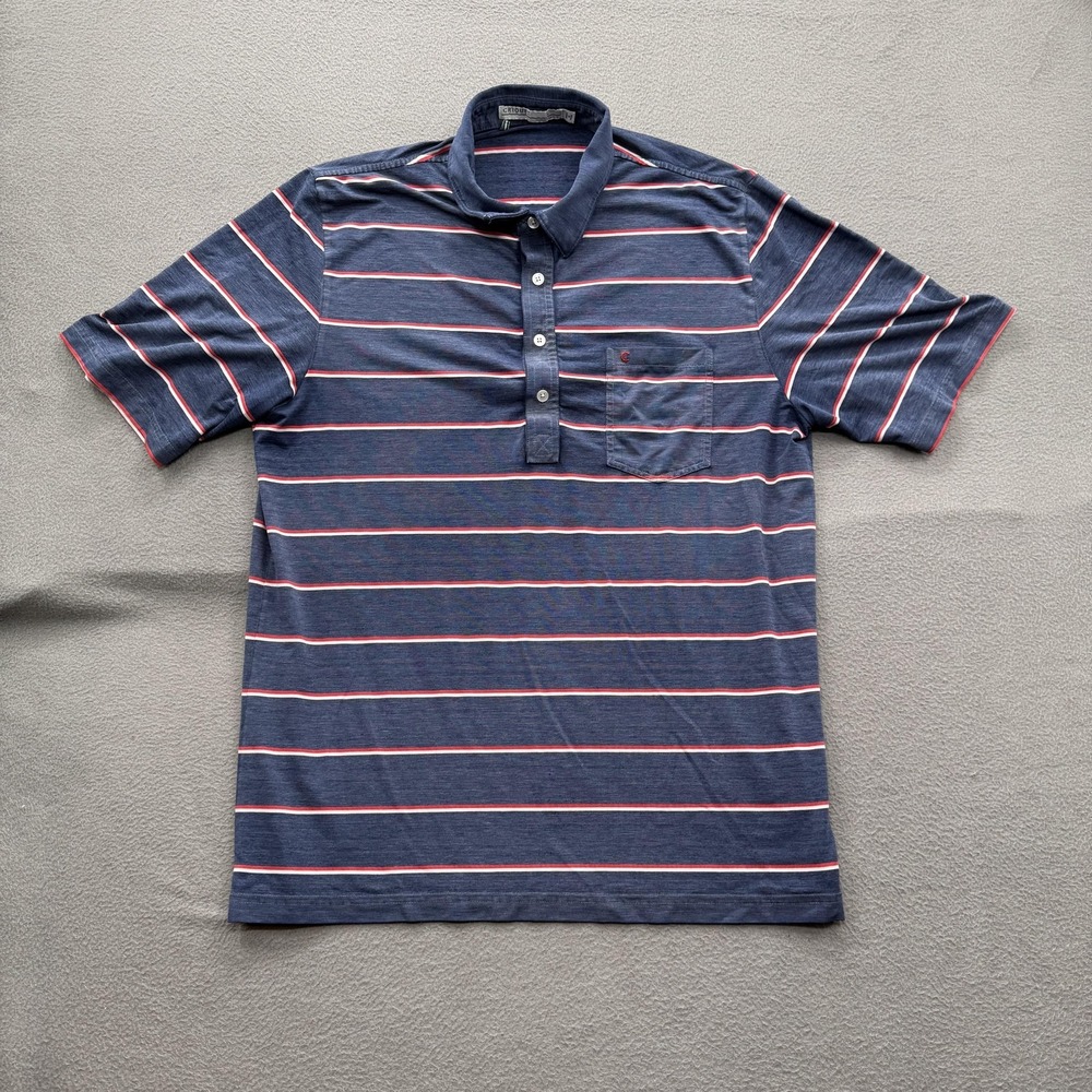 Criquet Polo Shirt Mens Large Blue Striped Pocket Golf Performance Stretch